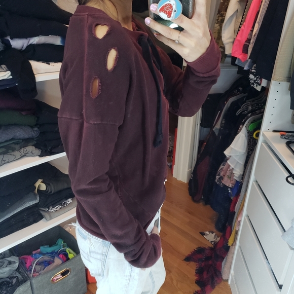 Red burgundy distressed lace up sweater - Picture 3 of 5